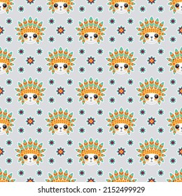 Seamless pattern in bohemian ethnic style with panda toys and flowers on a grey background. Vector ornament in American Indian style.