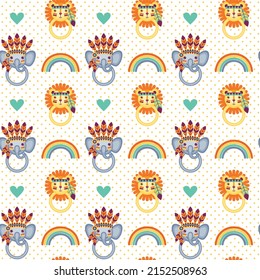 Seamless pattern in bohemian ethnic style with beanbag toys and rainbow on a white dotted background. Vector ornament.