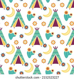 Seamless pattern in bohemian ethnic style with wigwam, moon, cacti and flowers on a white background. Vector ornament in American Indian style.