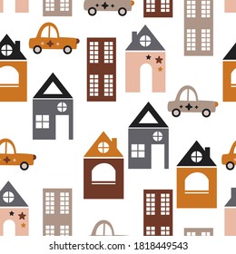 seamless pattern with bohemian houses and car on a white background - vector illustration, eps