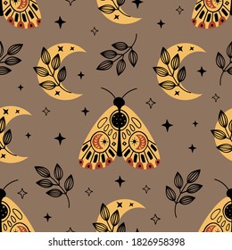 seamless pattern with bohemian moth and moon
