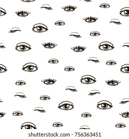 Seamless pattern in the bohemian style. Repeating hand drawn tribal print of open and close eyes. Ethnic background for web page, fabric design, scrapbook elements, wrapping paper, cards, cover. 