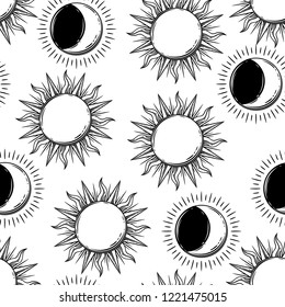 Seamless pattern with bohemian sun and moon. Vector hand drawn illustration.