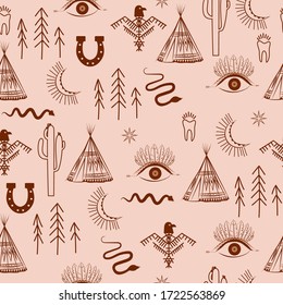 Seamless pattern with bohemian and tribal elements, evil eye, snake, wigwam, moon, bird ornaments, cactus. Editable vector illustration.