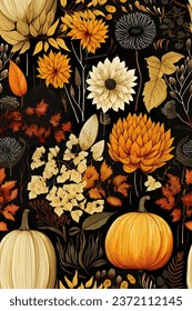 Seamless pattern of boho autumn flowers and pumpkins. Halloween themed vector illustration of boho flowers in fall colors and pumpkins.