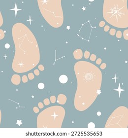 Patrón sin fisuras con pies de bebé boho y símbolos espaciales. Huellas de bebé con estrellas de galaxia. Colores pastel beige neutros. Ilustración vectorial de fondo.
