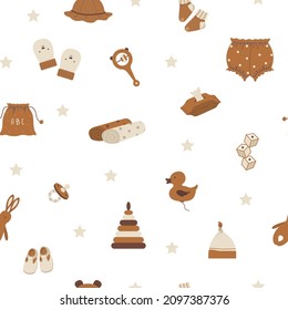 Seamless pattern with boho baby objects. Vintage wooden toys for children. Hand drawn elements for nursery textile, wrapping paper, postcards. Vector illustration in flat cartoon style.