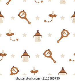 Seamless pattern with boho baby objects. Vintage wooden toys for children. Hand drawn elements for nursery textile, wrapping paper, postcards. Vector illustration in flat cartoon style.