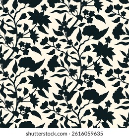 Seamless pattern with boho black and white hand drawn chinoiserie flowers and leaves. Floral wallpaper with monochrome orintal folk style ornament. Vector illustration