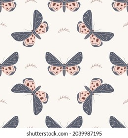 Seamless pattern with boho butterfly. Insect with celestial elements. Witch and magic symbol for textile, fabric, prints. Abstract hand drawn vector illustration in bohemian style.