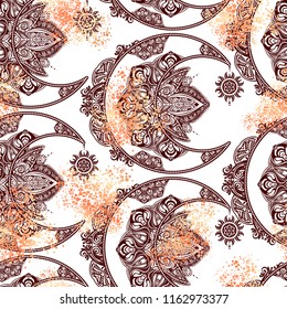 Diseño elegante de tatuajes Boho sin inconvenientes. Luna de media luna dorada y sol con elementos de la mandala - astrología, alquimia y símbolo mágico.