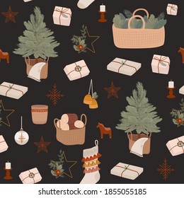 Seamless pattern with Boho Christmas elements. Christmas tree, firewood, gift box, socks, toys. Editable vector illustration.