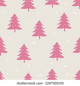 Seamless pattern with boho Christmas trees. Holiday cute modern boho background. Vector Xmas texture with hand drawn pink Christmas trees forest for wrapping paper, fabric, and textiles.