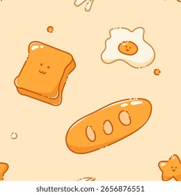 Seamless pattern in boho colors with cute loaf of bread, egg and toast with smiles.
