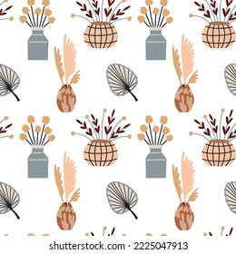 Seamless pattern boho decor vase. Baby Shower Scandinavian pastel wallpaper. Textile fabric design for kids. Flat bohemian vector neutral background paper