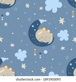 Seamless pattern with boho dinosaurs sleeping on the moon, clouds, outer space, stars in bohemian style. Vector kids illustration for nursery design. Dino boho fabric for baby clothes, wrapping paper.