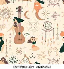 Seamless pattern with boho elements and beautiful women. Hippie gypsy spirit. Ideal for wallpaper or wrapping paper.