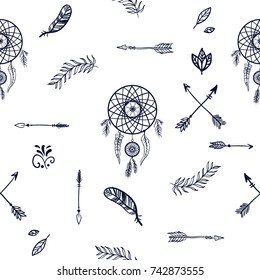 Seamless pattern  with boho elements-  dreams catcher, arrows, feathers.  Hand drawn vector illustration. Tribal style