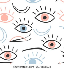 Seamless pattern with Boho eyes style on white background vector illustration. Cute modern art wallpaper.