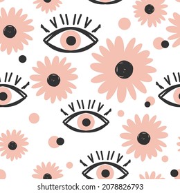Seamless pattern with Boho eyes style and and drawn daisy flower on white background vector illustration. Cute modern art wallpaper.