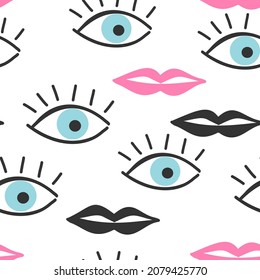 Seamless pattern with Boho eyes, style and women lips on white background vector illustration. Cute modern art wallpaper.