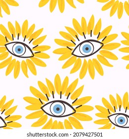 Seamless pattern with Boho eyes style and hand drawn sunflower on white background vector illustration. Cute modern art wallpaper.