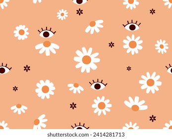 Seamless pattern with Boho eyes style and and drawn daisy flower on orange background vector illustration. Cute modern art wallpaper.