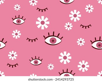 Seamless pattern with Boho eyes style and daisy flower on pink background vector illustration. Cute modern art wallpaper.