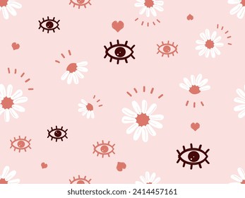 Seamless pattern with Boho eyes style and daisy flower on pink background vector illustration. Cute modern art wallpaper.