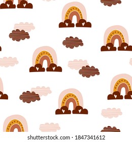 Seamless pattern with boho hand drawn rainbows and clouds on white background. Vector illustration.