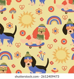 seamless pattern with  boho hippie Dog, rainbow, flowers, sun