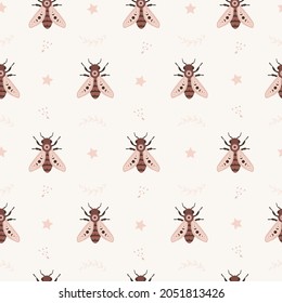 Seamless pattern with boho honeybee. Insect with celestial elements. Witch and magic symbol for textile, fabric, prints. Abstract hand drawn vector illustration in bohemian style.