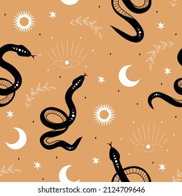 Seamless pattern with boho magic snake and moon. Mystical symbol in a trendy minimalist style. Esoteric vector illustration. Hand drawn bohemian fabric design or package paper.