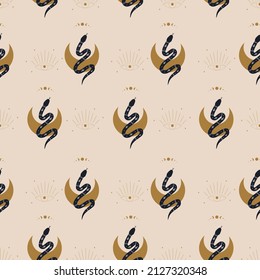 Seamless pattern with boho magic snake and moon. Mystical symbol in a trendy minimalist style. Esoteric vector illustration. Hand drawn bohemian fabric design or package paper.