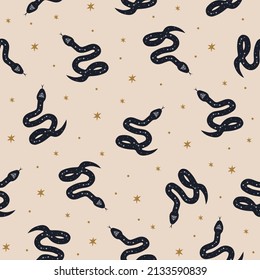 Seamless pattern with boho magic snake and stars. Mystical symbol in a trendy minimalist style. Esoteric vector illustration. Hand drawn bohemian fabric design or package paper.