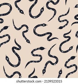 Seamless pattern with boho magic snake. Mystical symbol in a trendy minimalist style. Esoteric vector illustration. Hand drawn bohemian fabric design or package paper.