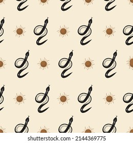 Seamless pattern with boho magic snake and sun. Mystical symbol in a trendy minimalist style. Esoteric vector illustration. Hand drawn bohemian fabric design or package paper.