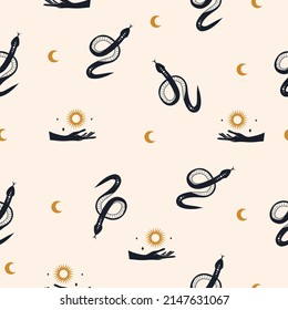 Seamless pattern with boho magic snake and moon. Mystical symbol in a trendy minimalist style. Esoteric vector illustration. Hand drawn bohemian fabric design or package paper.