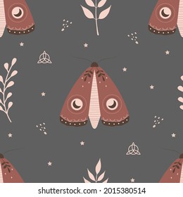 Seamless pattern with boho moth. Insect with celestial elements. Witch and magic symbol for textile, fabric, prints. Abstract hand drawn vector illustration in bohemian style.