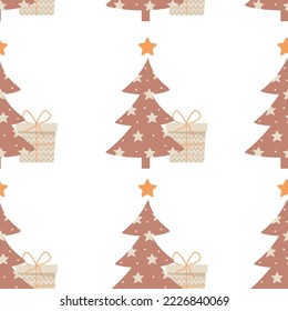 Seamless pattern with boho new year trees with gift boxes in beige color