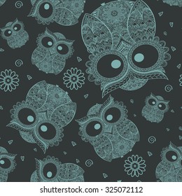 Seamless pattern Boho ornamental owl illustration, ethnics abstract doodle on floral background, sketch of totem animal with feather in tribal decor 