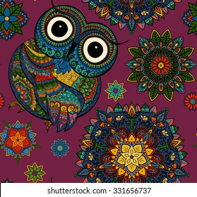 Seamless pattern Boho ornamental owl illustration, ethnics abstract doodle on floral background, sketch of totem animal with feather in tribal decor 
