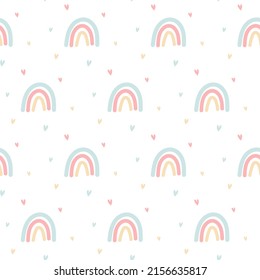 Seamless pattern with boho pastel Rainbow and hearts. Print for playroom, baby bedrooms, textiles, notebooks etc.