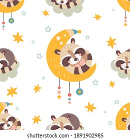 Seamless pattern with boho raccoon sleeping on moon and cloud in bohemian style. Vector kids illustration for nursery design. Raccoon boho pattern for baby clothes, wrapping paper.