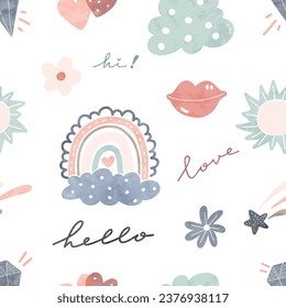 Seamless pattern boho rainbow and cute elements. Watercolor illustration. 