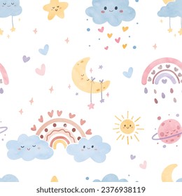 Seamless pattern boho rainbow and cute elements. Watercolor illustration. 