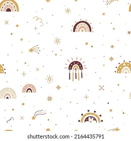 Seamless pattern with boho rainbow and stars, celestial illustration, moon child collection