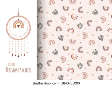Seamless pattern with boho rainbows in different color. Vector hipster illustration. Hand drawn indian dream catcher talisman. Design for fabric, postcards, bed linens, pillows and wallpaper