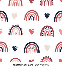 Seamless pattern with boho rainbows and hearts