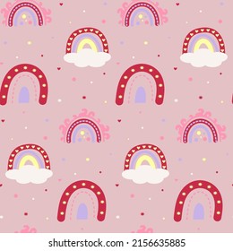 Seamless pattern with boho rainbows, hearts, stars, dots. Print for playroom, baby bedrooms, textiles, notebooks etc.